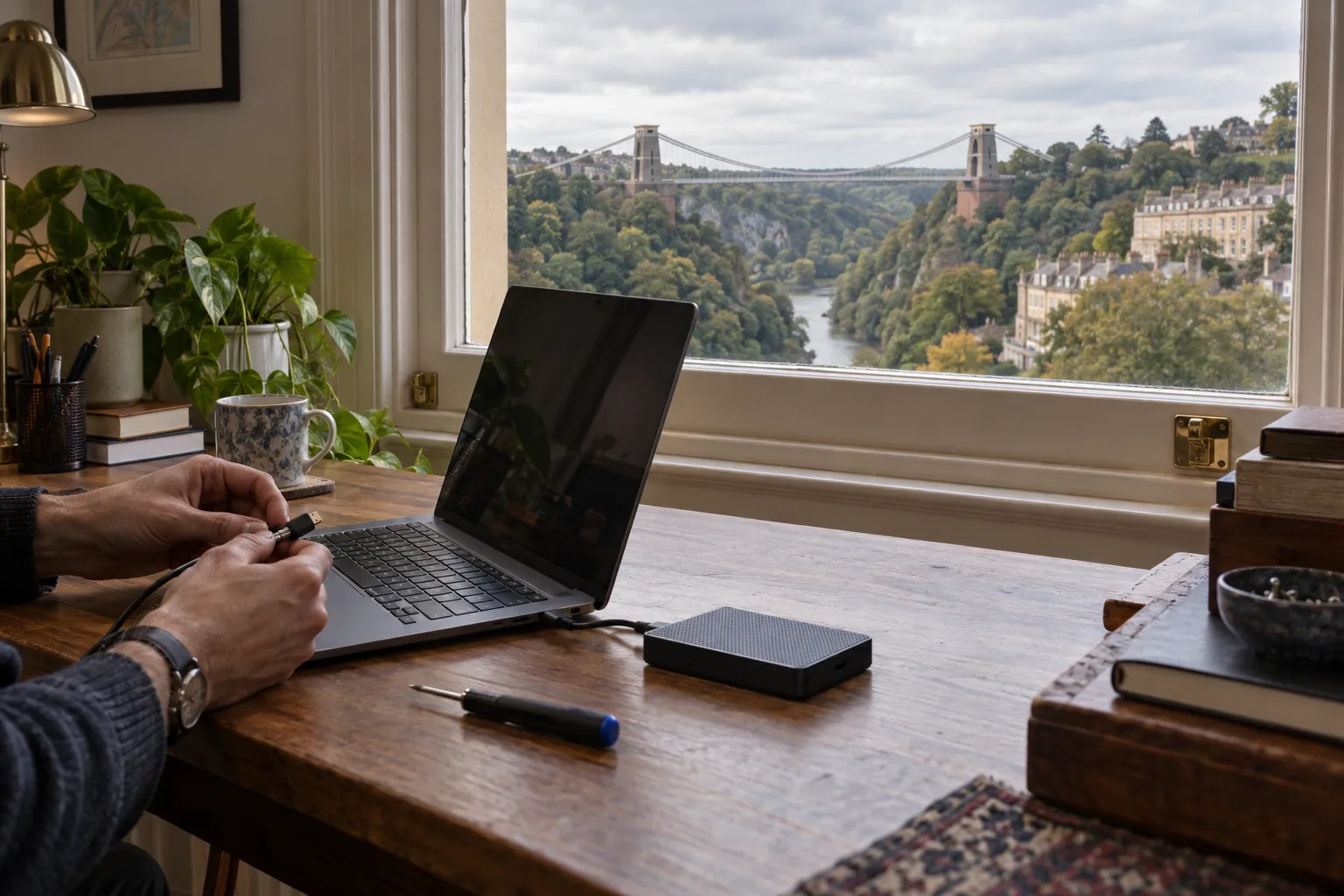 Illustrative laptop repair scene overlooking Bristol’s Clifton Suspension Bridge