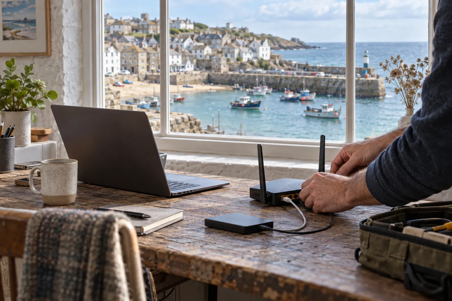 Illustrative computer and router setup beside a Cornish harbour