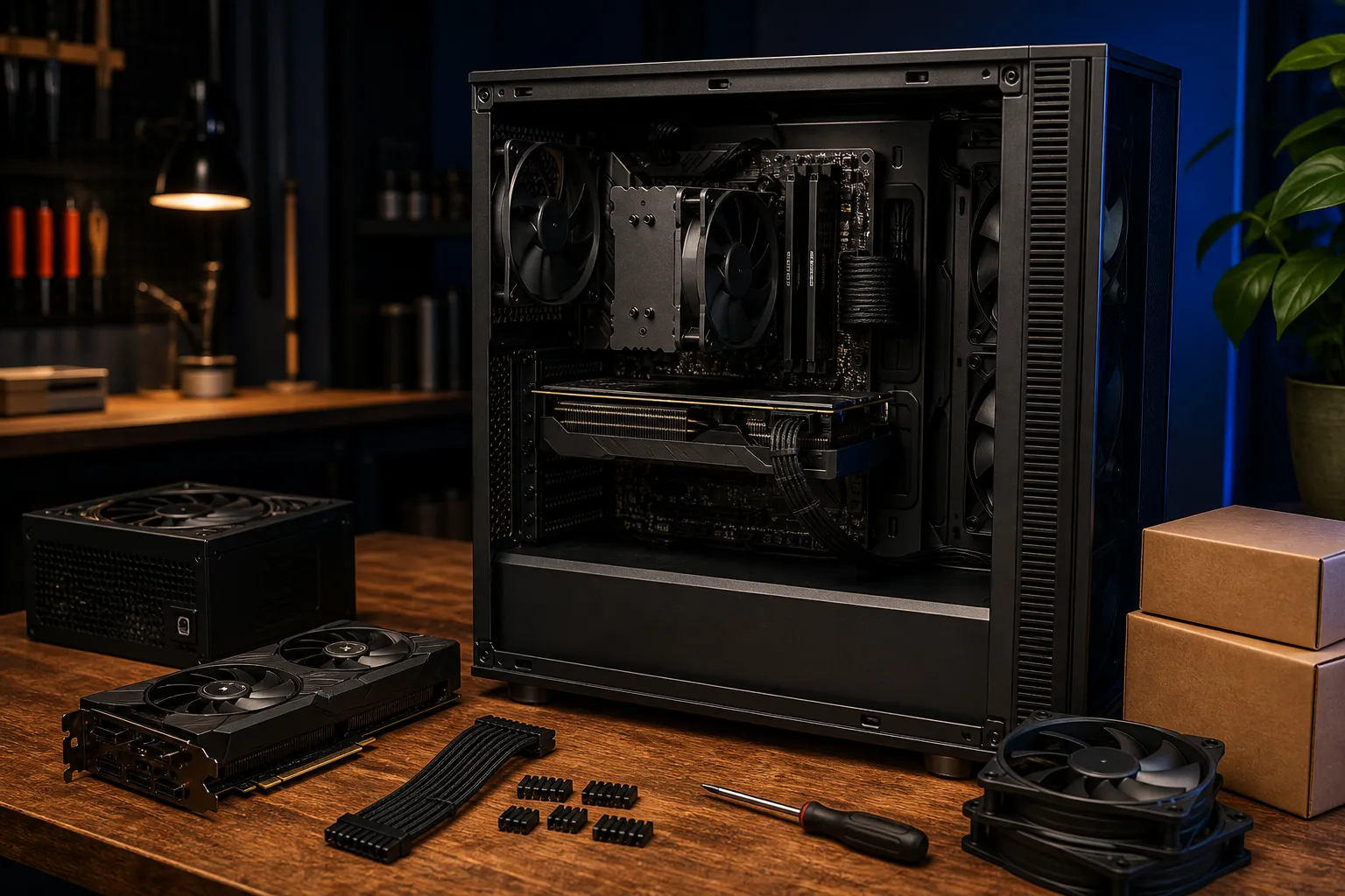 Desktop case, graphics card, cooling and power components ready for a custom build