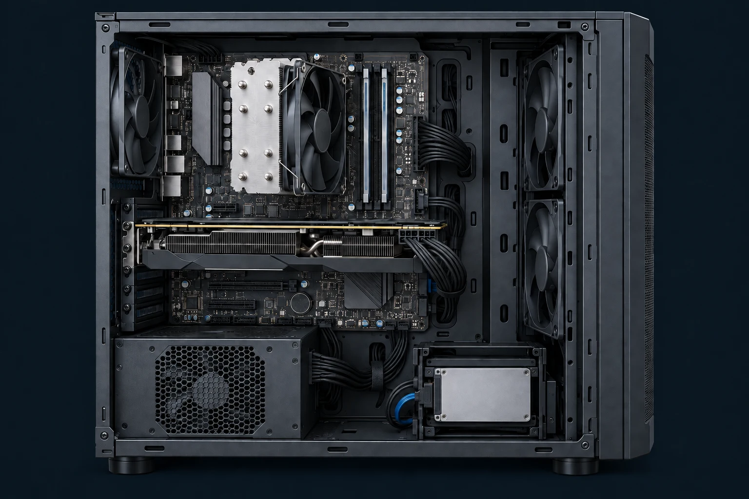 Detailed side view of an open desktop PC: processor cooler and RAM above a horizontal graphics card, with a power supply at the bottom left, a silver SSD at the bottom right and the motherboard behind them.