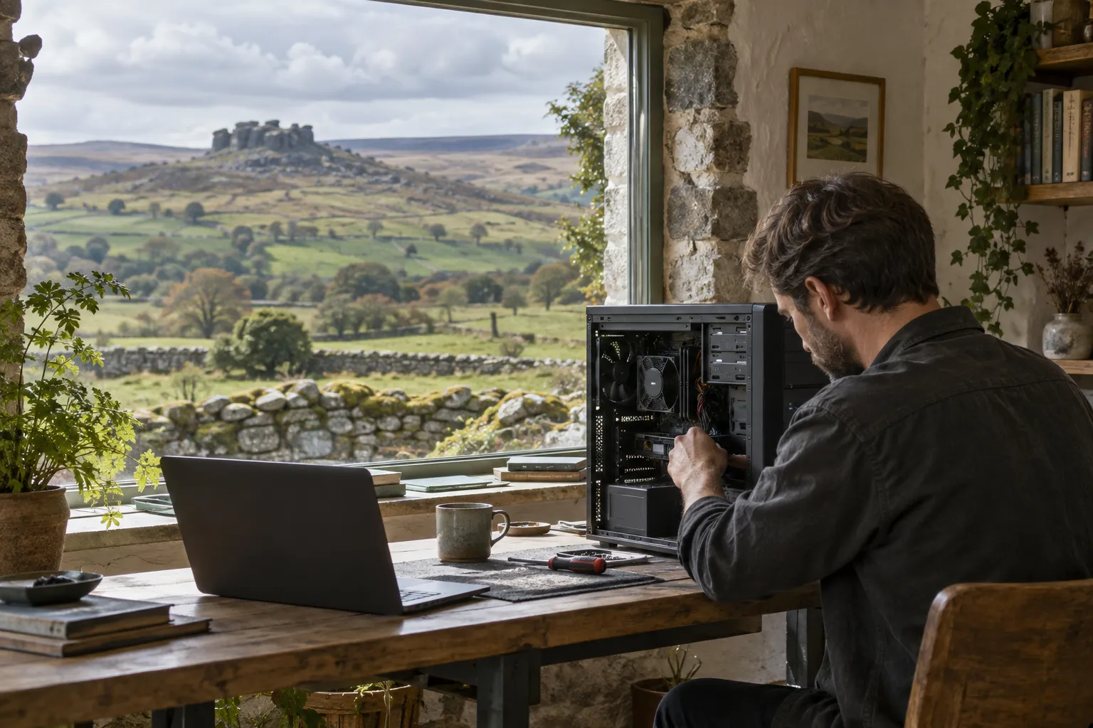 Illustrative desktop repair visit in a Devon cottage overlooking Dartmoor