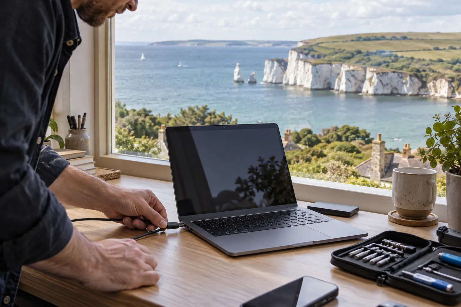 Illustrative computer support visit overlooking Dorset’s chalk coast
