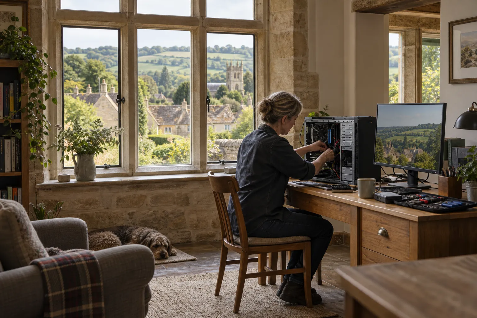 Illustrative computer repair visit with Cotswold stone cottages beyond the window