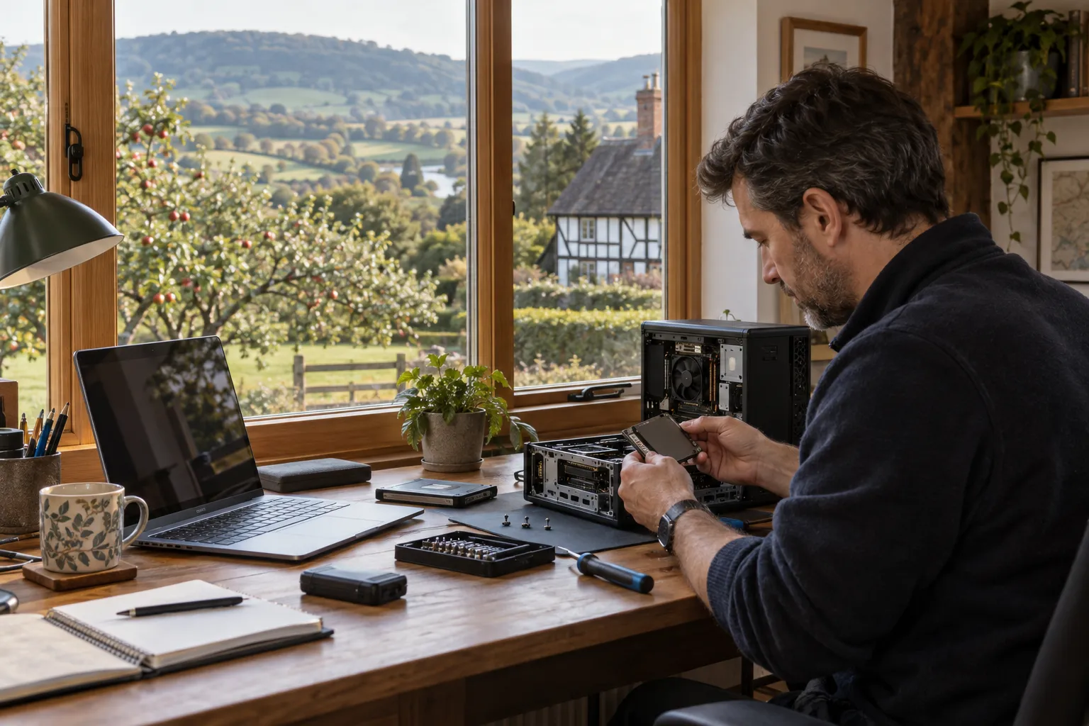 Illustrative computer repair visit with Herefordshire orchards and timber-framed architecture