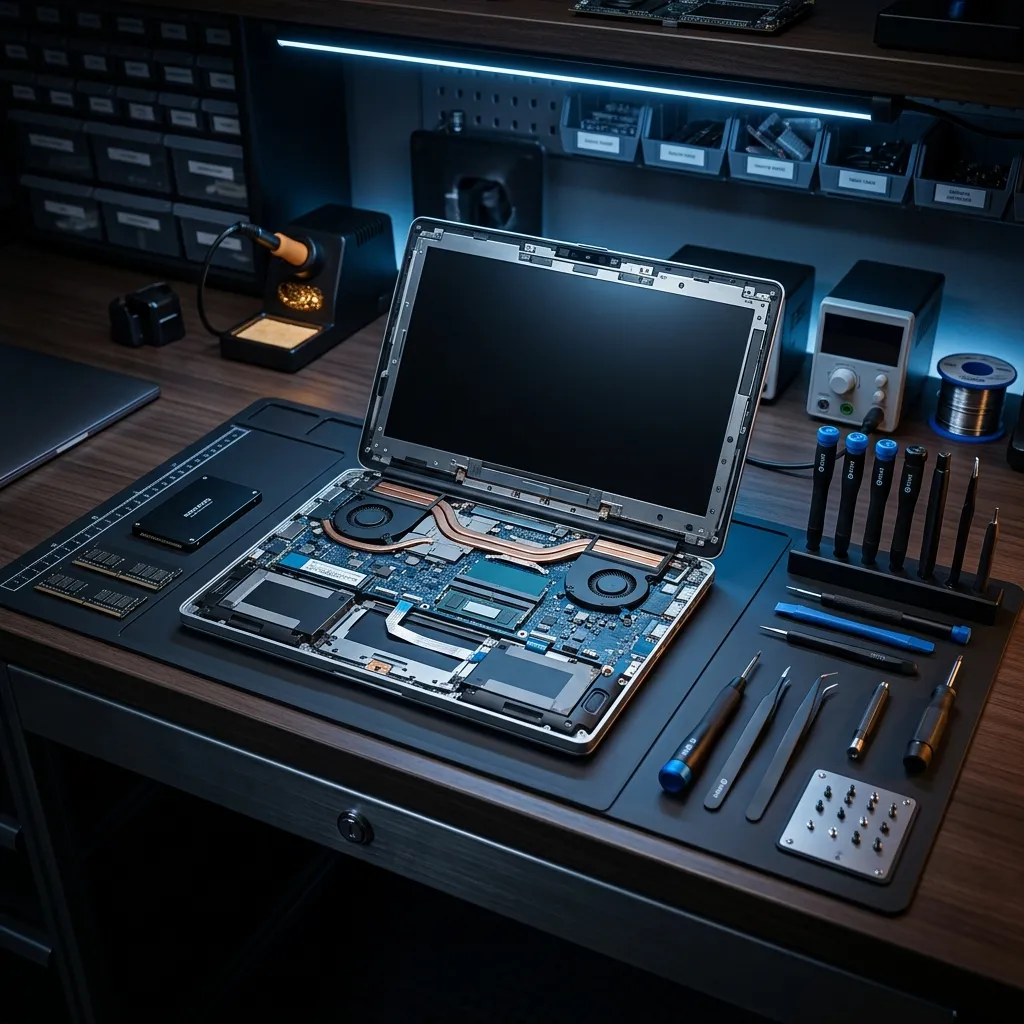 Illustrative view of an open laptop and repair tools on a workbench