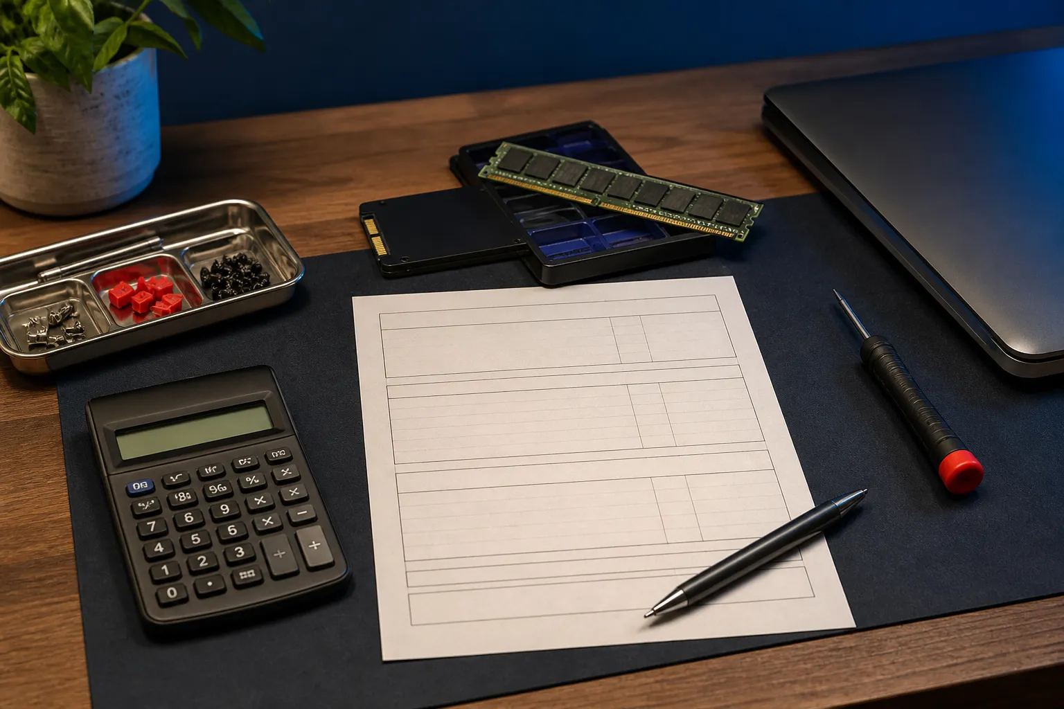 Calculator, estimate sheet, computer memory and solid-state drive on a workbench