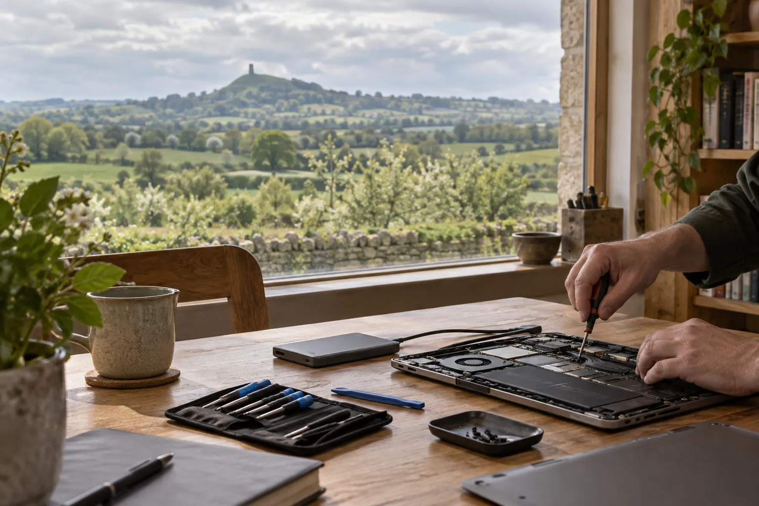 Illustrative laptop repair scene looking across Somerset towards Glastonbury Tor