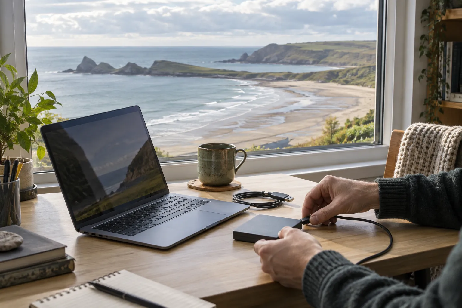 Illustrative computer workspace overlooking the Gower coast
