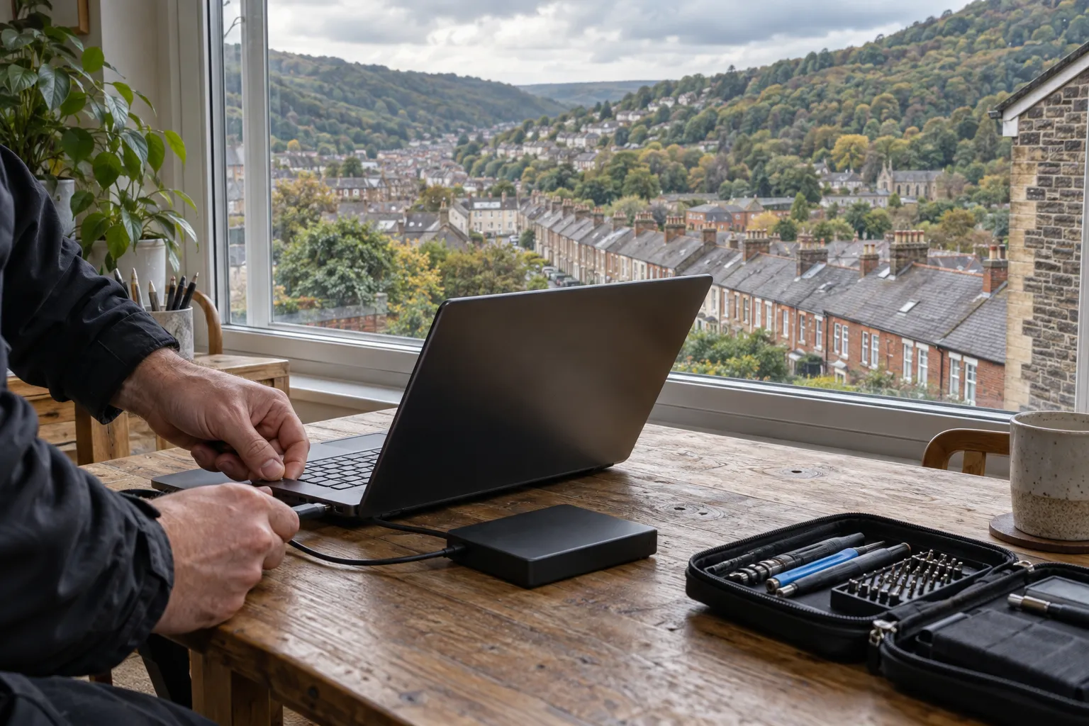 Illustrative laptop support visit overlooking terraced streets and green hills in the South Wales Valleys