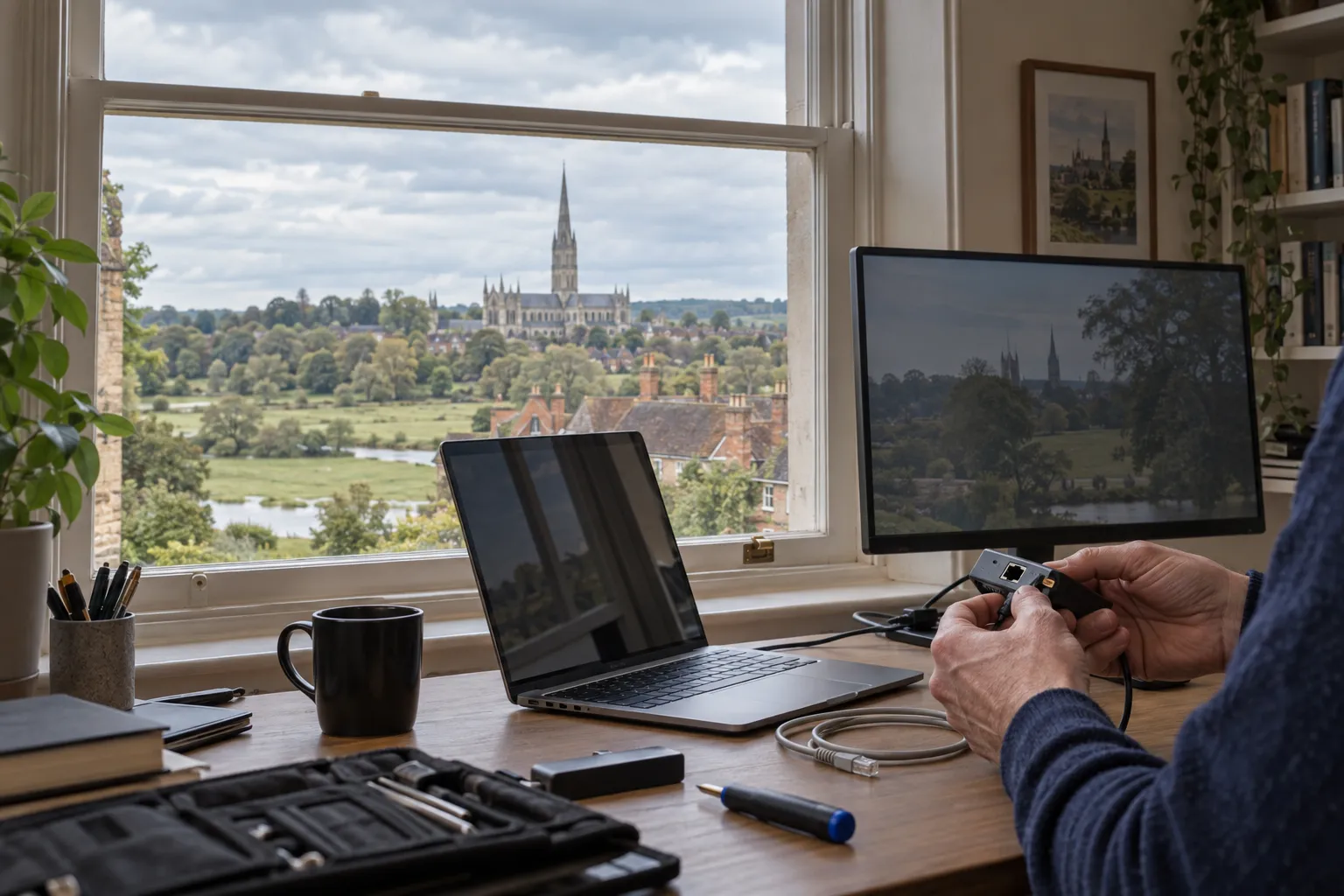 Illustrative computer support scene with Salisbury’s cathedral spire beyond the window